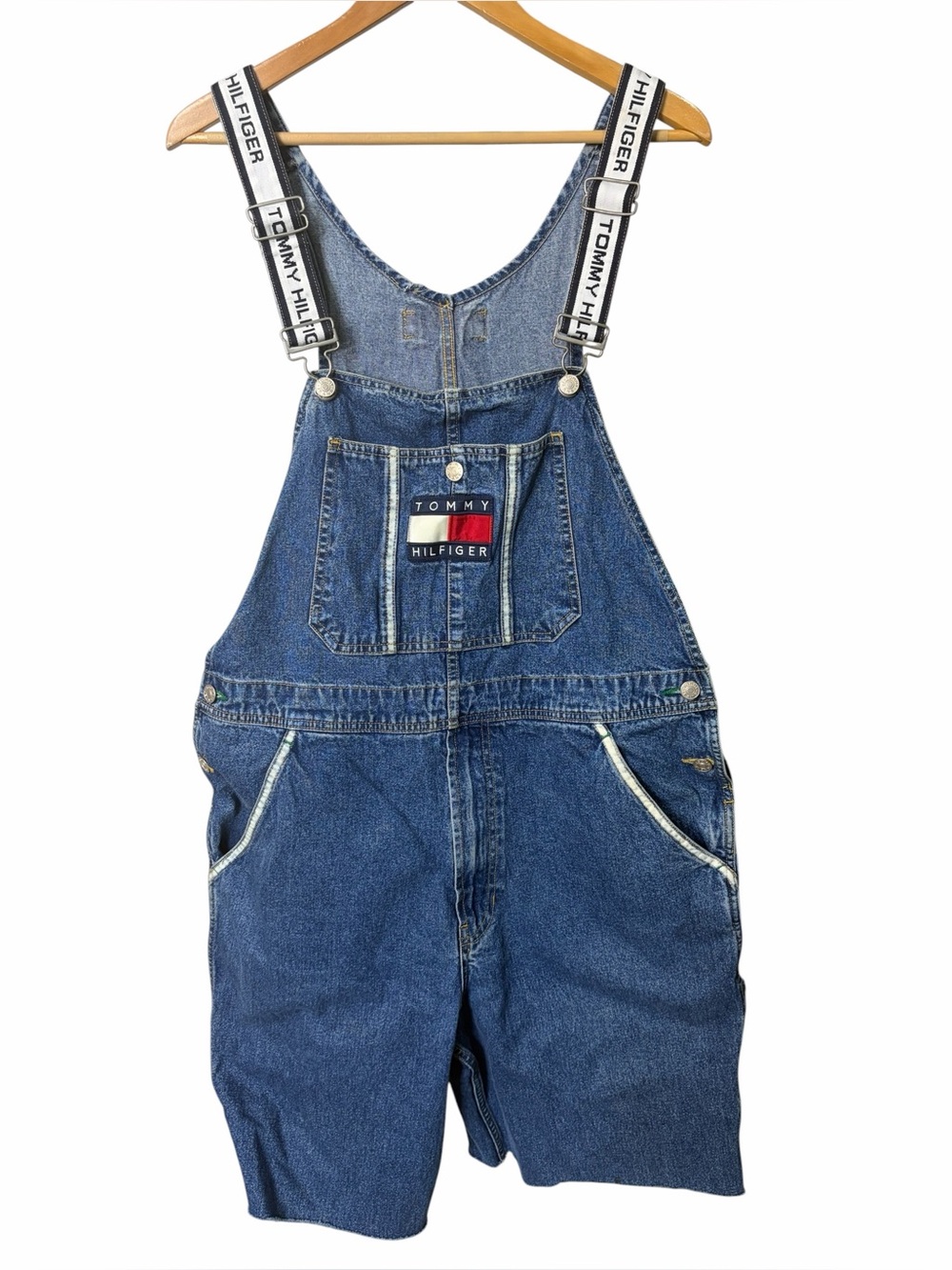 Custom 90s Vintage Tommy Hilfiger denim shortalls logo shorts denim overalls